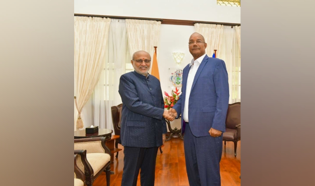 Vice-President Shri C. P. Radhakrishnan called on H.E. Dr. Patrick Herminie, President of the Republic of Seychelles at the State House in Victoria, Seychelles