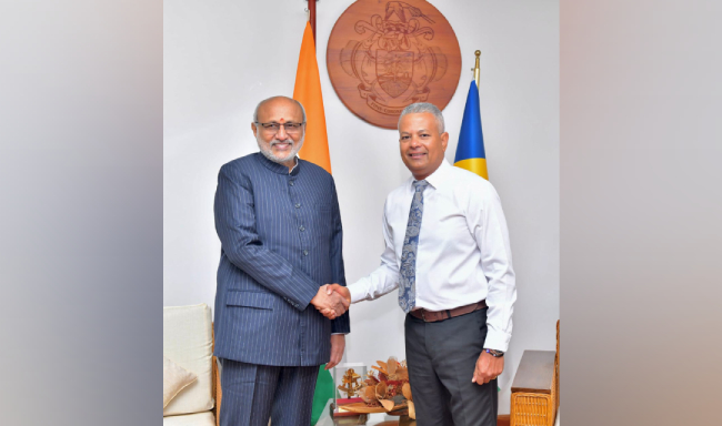 Vice-President Shri C. P. Radhakrishnan met H.E. Mr. Sebastien Pillay, Vice-President-Elect of Seychelles at the State House in Victoria, Seychelles
