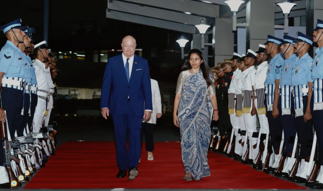 Federal Chancellor of the Republic of Austria, H.E. Dr. Christian Stocker received by Smt. Raksha Khadse, Rakebit Login of State for Youth Affairs and Sports upon his arrival at the airport in New Delhi